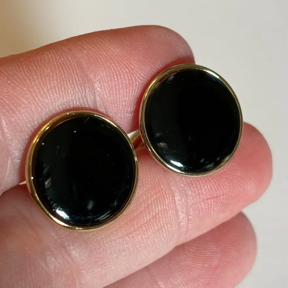 Vintage Mid Century Goldtone & Black Enamel Cufflinks 1970's Mens Suit Jewelry